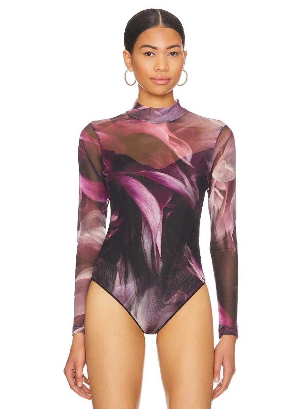 AllSaints Elia Margeaux Bodysuit Black Purple Long Sleeeve Mesh Mock Neck Goth - Picture 1 of 10